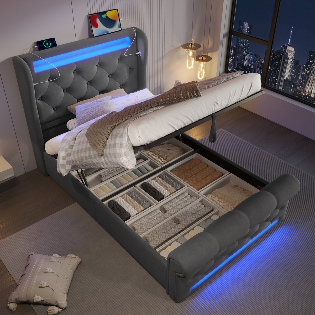 MIVRAY Gestoffeerd Bed 90x200 Cm Zonder Matras - Met Led Verlichting En Usb Plus Type C - Hydraulische Opbergruimte - Fluweel - Grijs