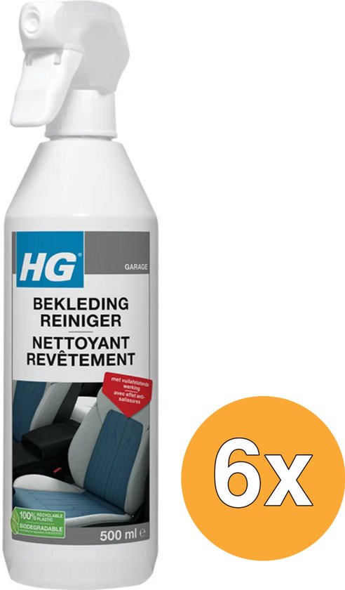 HG Bekledingreiniger, 6x 500 ml, spray met op de fles een afbeelding van een blauwe en grijze autobekleding. 6x is in een oranje cirkel.