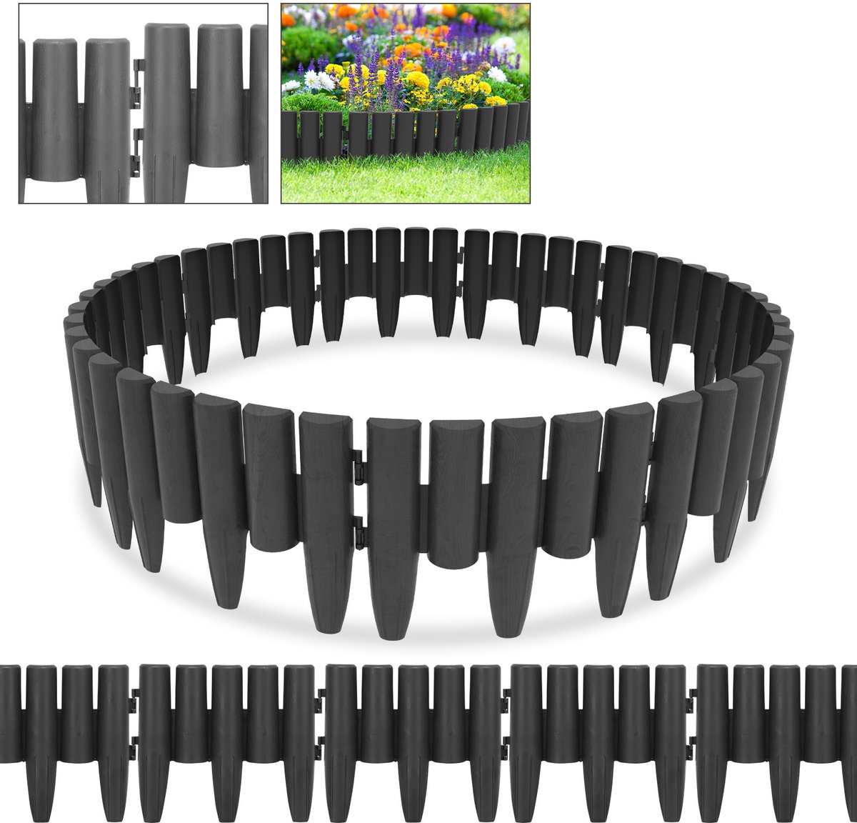 Kunststof Borderrand Gazonrand Houtlook - 14m Set van 50 stuks - Bedrand Maairand Decoratief Bloembedrand Maaikant voor Tuinpalissade - Antraciet