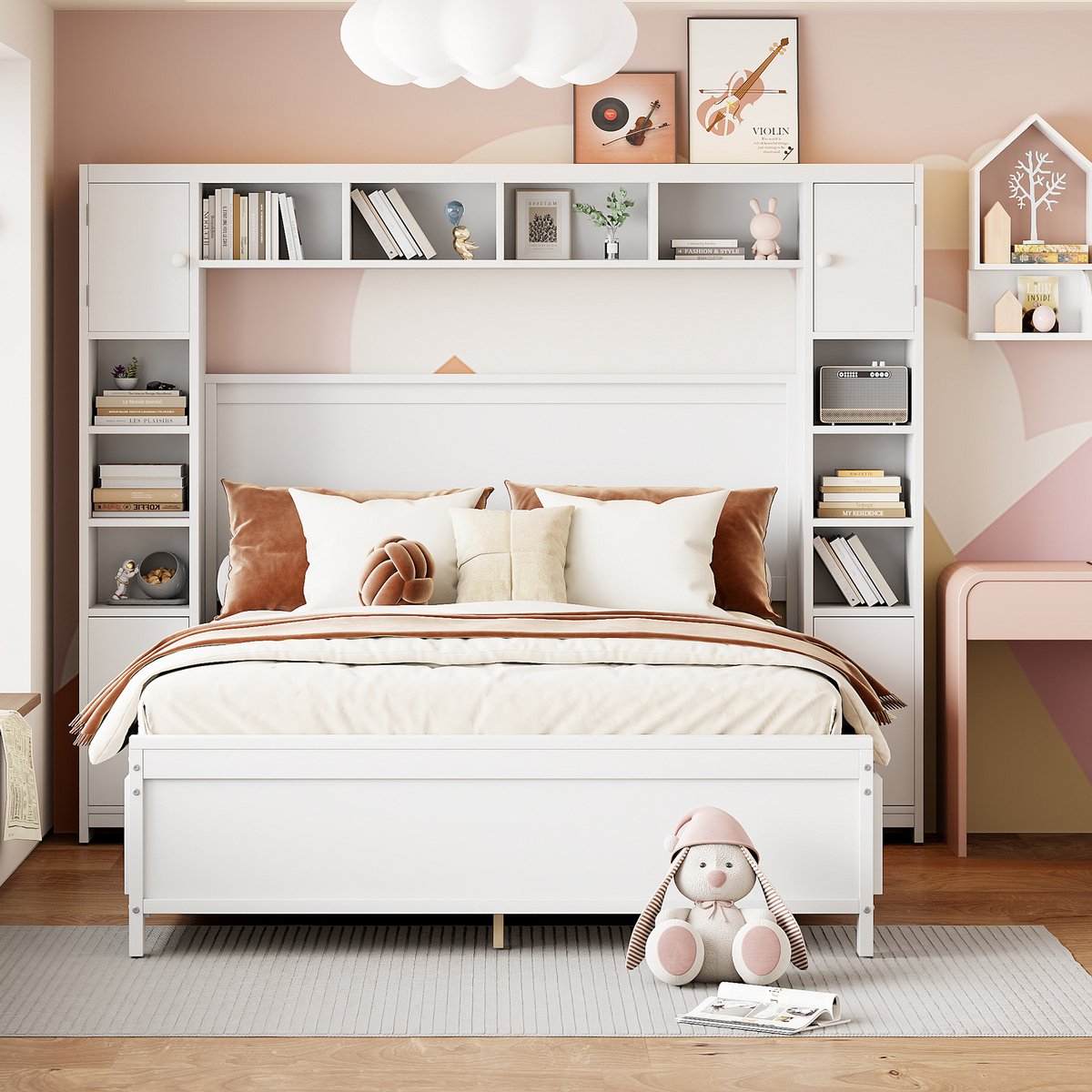 Wishdor - Bedframe Met Opbergruimte - 140 X 200 Cm - 4 Lades En Opbergkast - Massief Hout En MDF - Wit - Lattenbodem