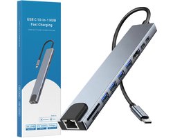 USB-C Hub – 10-in-1 Docking Station – 4x USB-A – 1x HDMI 4K – 1x USB-C 5Gbps – 1x Ethernet 100mbps – 1x USB-C PD 100W – USB Hub Laptop – SD/TF Kaarlezer – Grijs