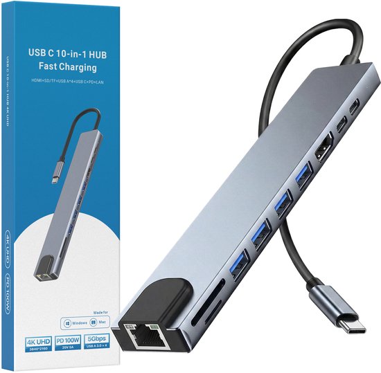 Grijze 10-in-1 USB-C hub met HDMI 4K, 4x USB-A, PD 100W, Ethernet en SD/TF kaartlezer.