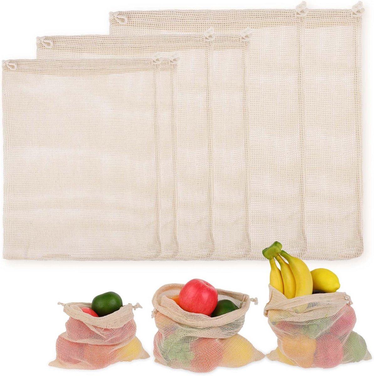 Set van 6 Herbruikbare Boodschappentasjes Netten Katoen - Beige - 3 Diverse Maten