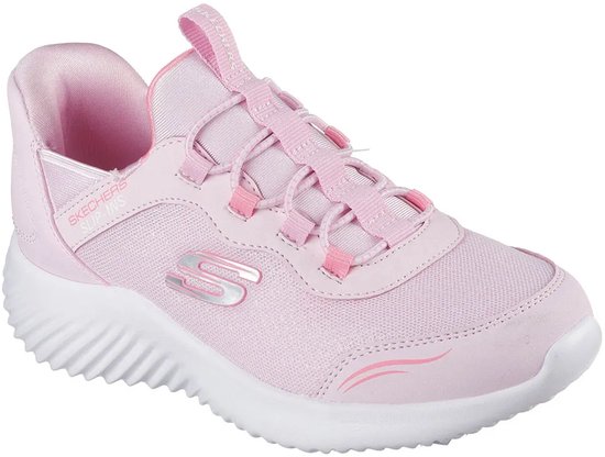 Roze Skechers Slip-ins sneaker met wit 'S' logo en witte zool.