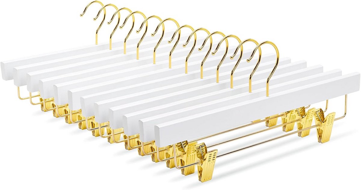 Set van 10 Witte Houten Kledinghangers met Verstelbare Klemmen - 35,5 cm Breed