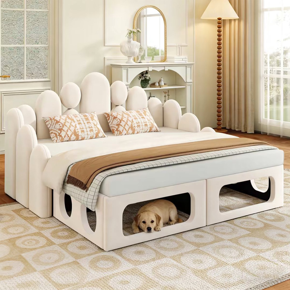 Sweiko Slaapbank - 180 x 200 cm - Gestoffeerd bed - Met huisdierenmand - Velvet - Beige