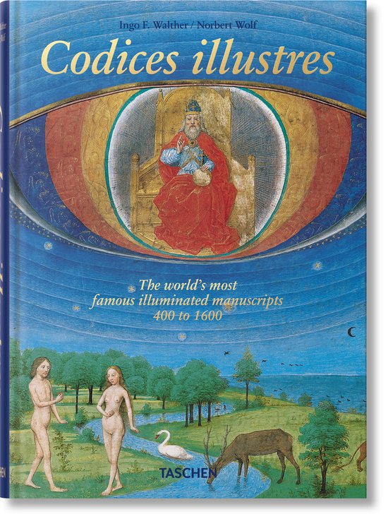 Boek 'Codices illustres' met een illustratie van een koning, twee naakte figuren, een hert en een zwaan in een landschap.