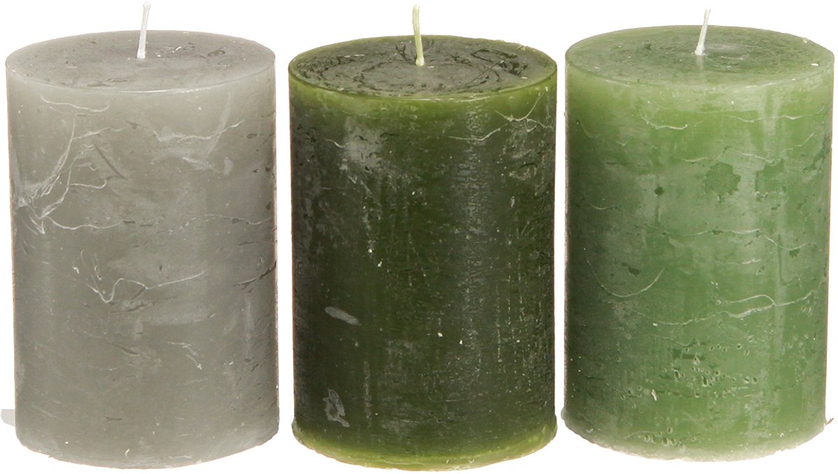 Groene pilaarkaarsen, 3 tinten, effen, rustiek, 70x100mm, set van 12,