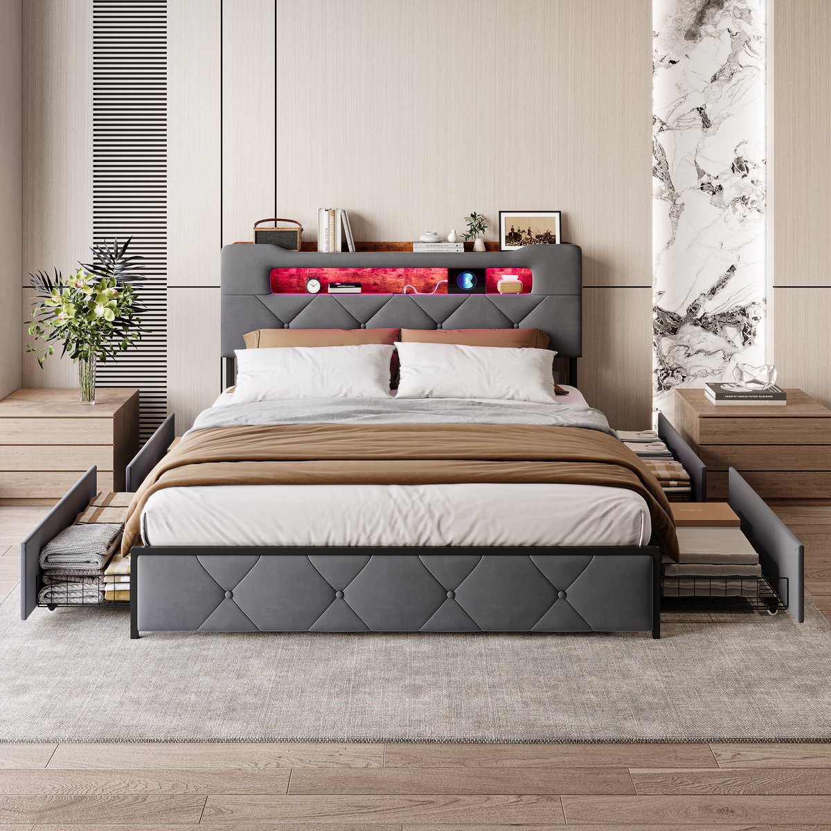 Bedframe 140x200 – met Lades & Opbergruimte – LED & USB-C – Fluweel Grijs