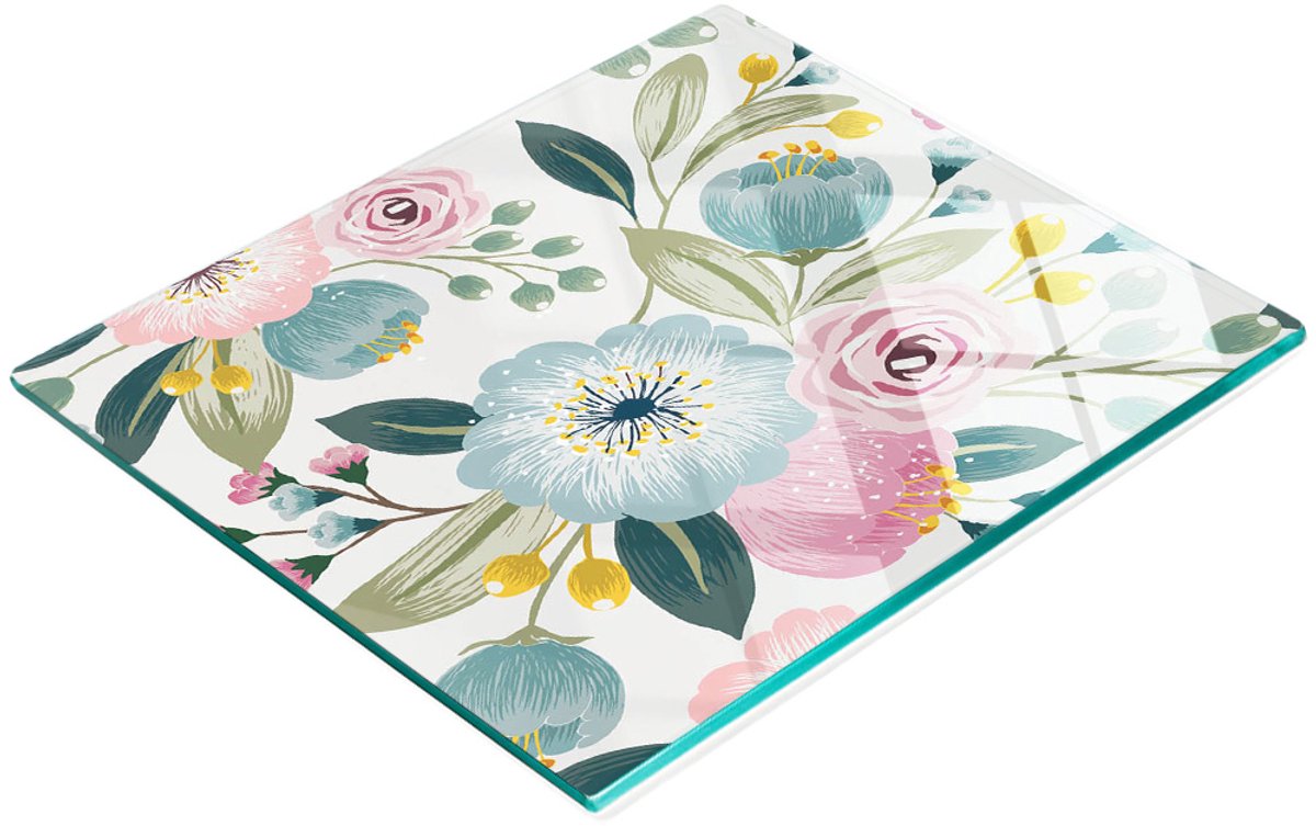 Decoratieve snijplank van gehard glas met lentebloemenmotief, 60x52 cm