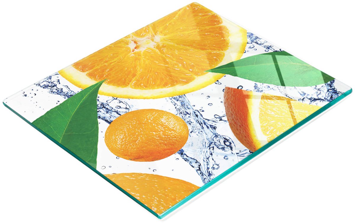 Decoratieve snijplank van gehard glas met sinaasappelmotief, 60x52 cm