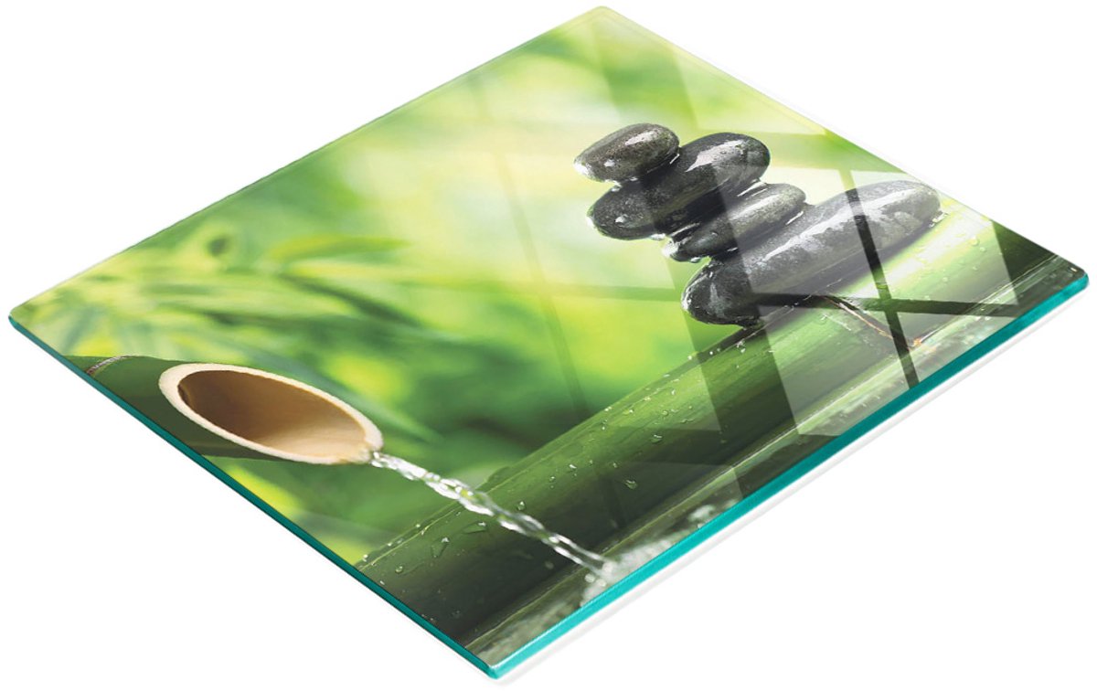 Decoratieve glazen snij- en serveerplank met bamboefontein, 60x52 cm