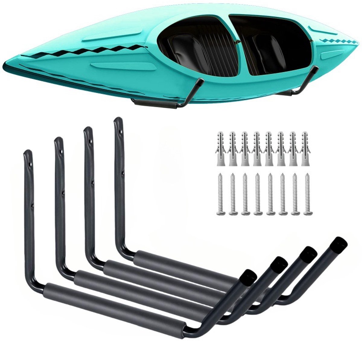 4-delig lichtgewicht kajakrek met wandhaken, geschikt voor kano's, surfplanken, ski's, paddleboards en ladders.