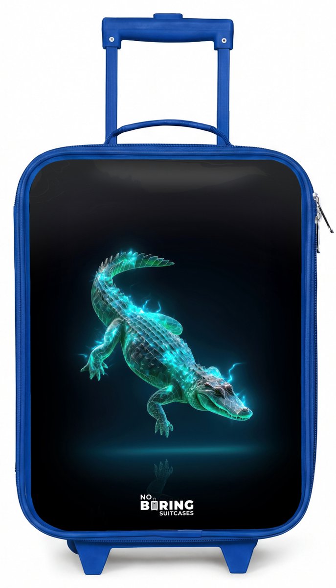 NoBoringSuitcases.com® - Kinderkoffer blauw - Kindertrolley jongen - Cyberkrokodil in actiehouding - Koffer kind lichtgewicht - Reiskoffer trolley voor kinderen - Koffertje met lichtgevende wieltjes - Rolkoffer