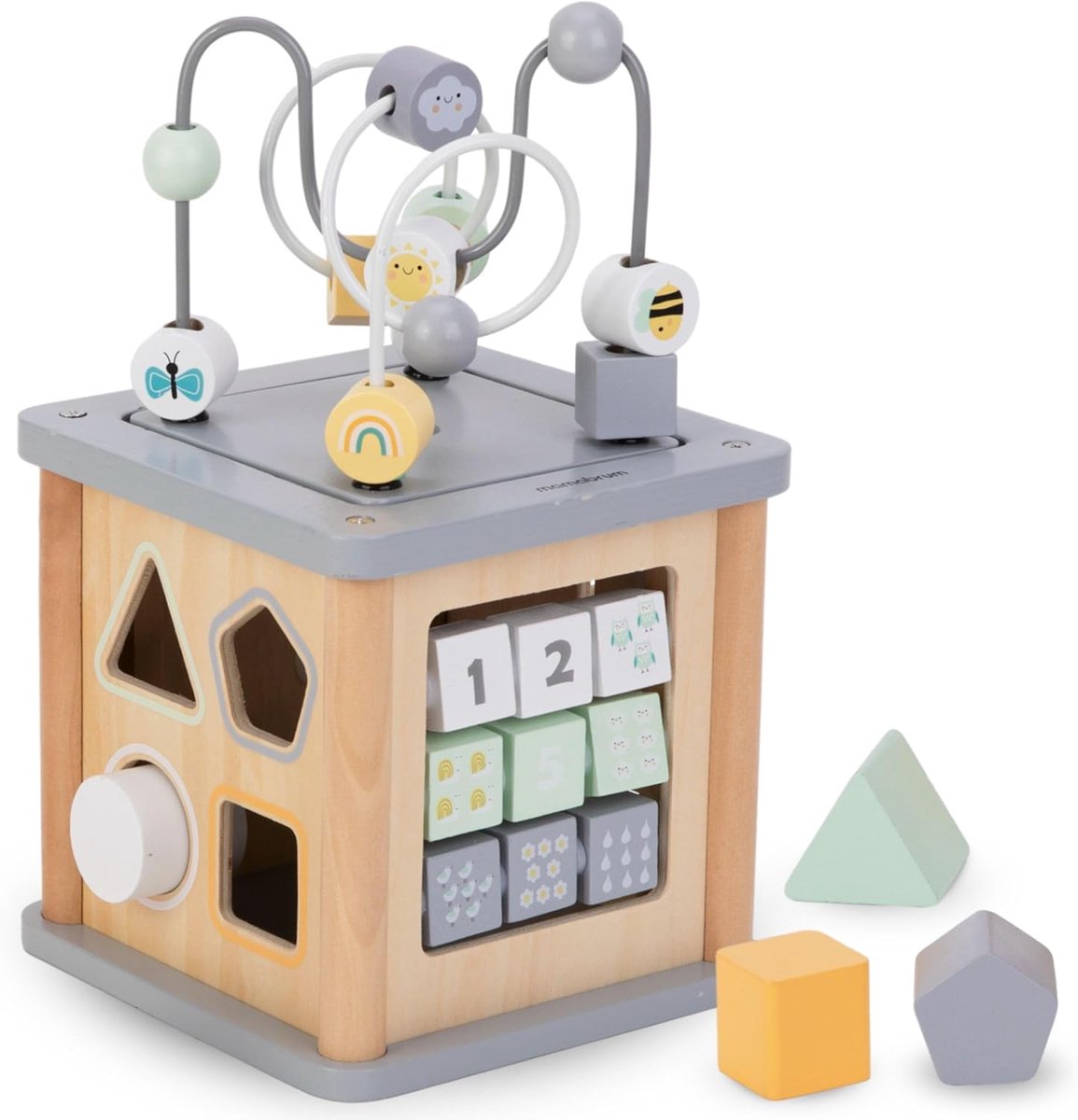 Educatieve Kubus - Houten Speelgoed - Baby Ontwikkeling - Motoriek en Vormen - 26.5 x 15.5 cm - Grijs