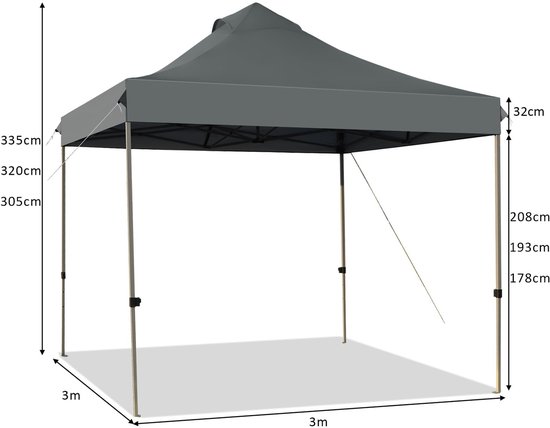 KOMFOTTEU Vouwpaviljoen, 3 x 3 m, paviljoen, waterdicht, stabiel, tuinpaviljoen, in hoogte verstelbaar met roldraagtas, partytent, tuintent, zonwering voor outdoor, feest, festival, markt van Merkloos — afbeelding 3