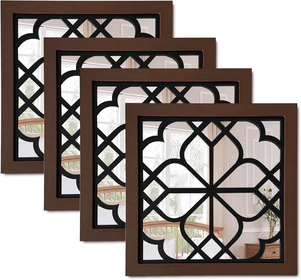Wandspiegel Set - Decoratieve Spiegel - Woonkamer Decoratie - Rustieke Houten Frame - 30x30 cm - Walnoot