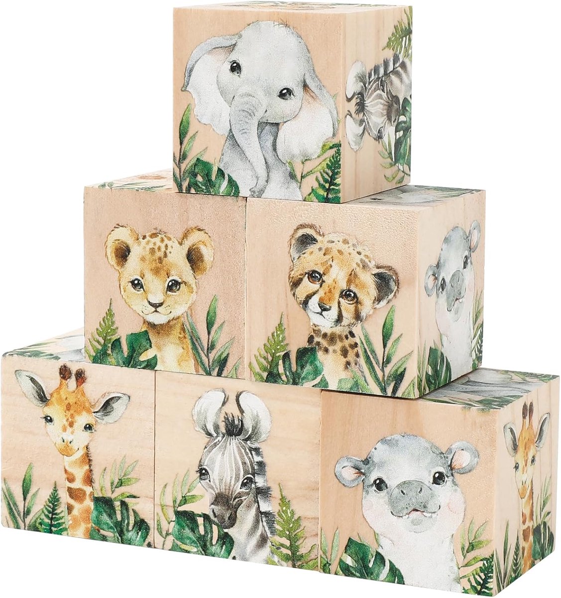 Jungle Dier Decoratie - Houten Kistblokken - Kinderkamer Aankleden - Aquarel Ontwerp - 6 Stuks Set - Gekleurd