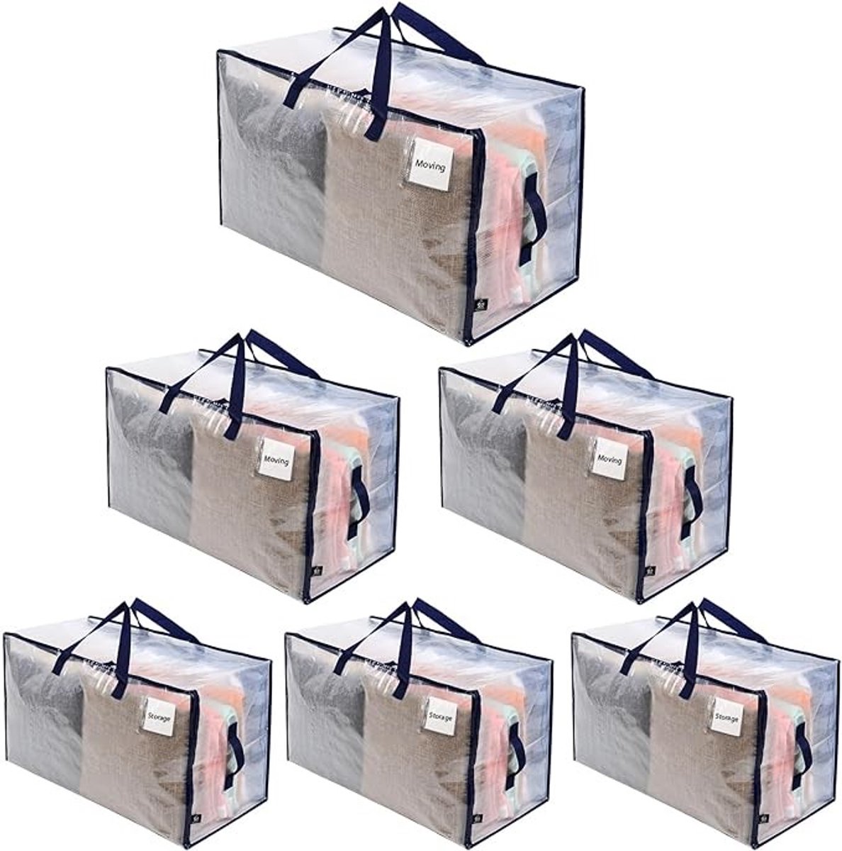 Extra grote opvouwbare opbergzakken met ritsen en handgrepen, set van 6 stuks