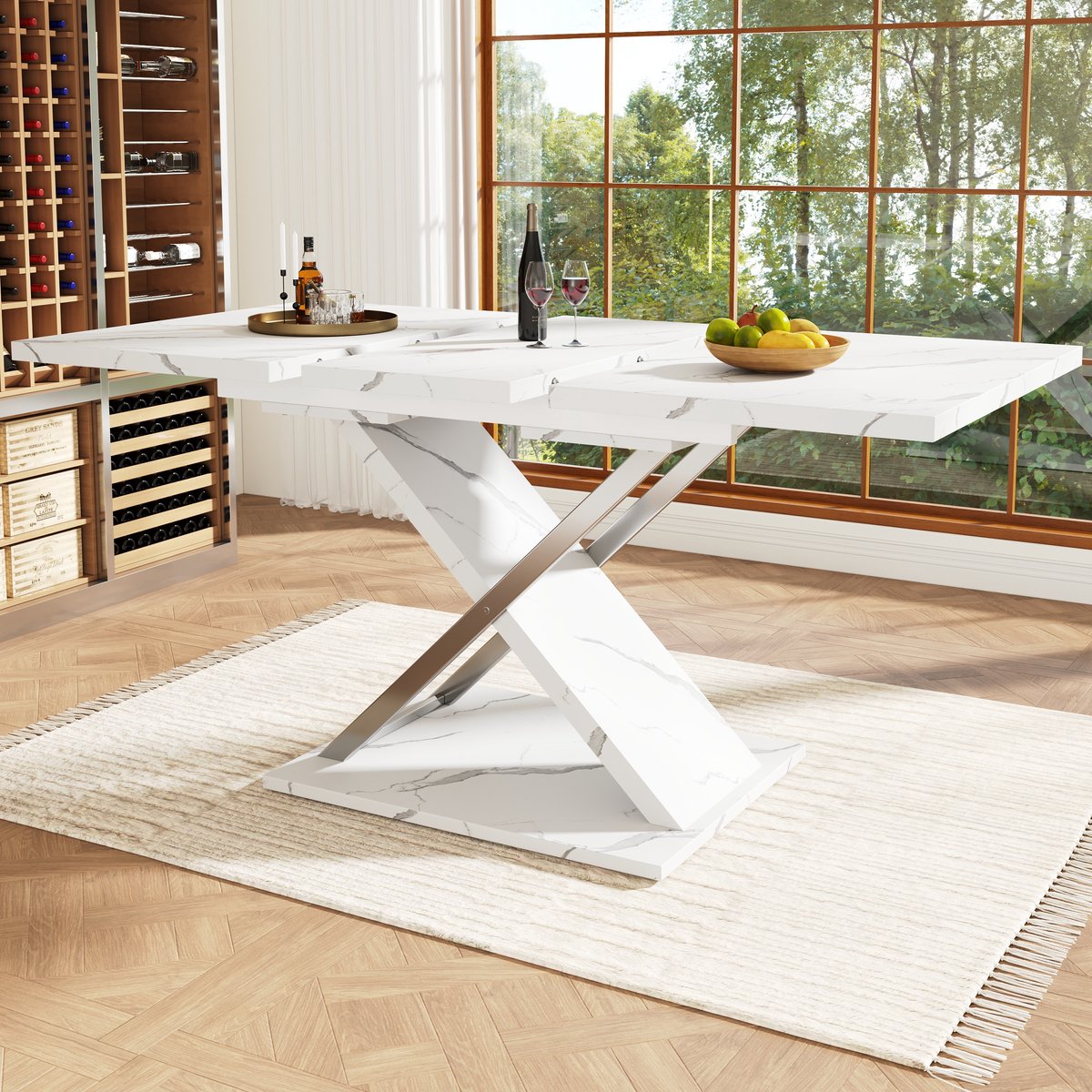 Wishdor - Uitschuifbare Eettafel - Kruispoten - Marmerlook - Voor Keuken Of Woonkamer - MDF En Metaal - Wit - 118-157 x 75 x 76,4 cm