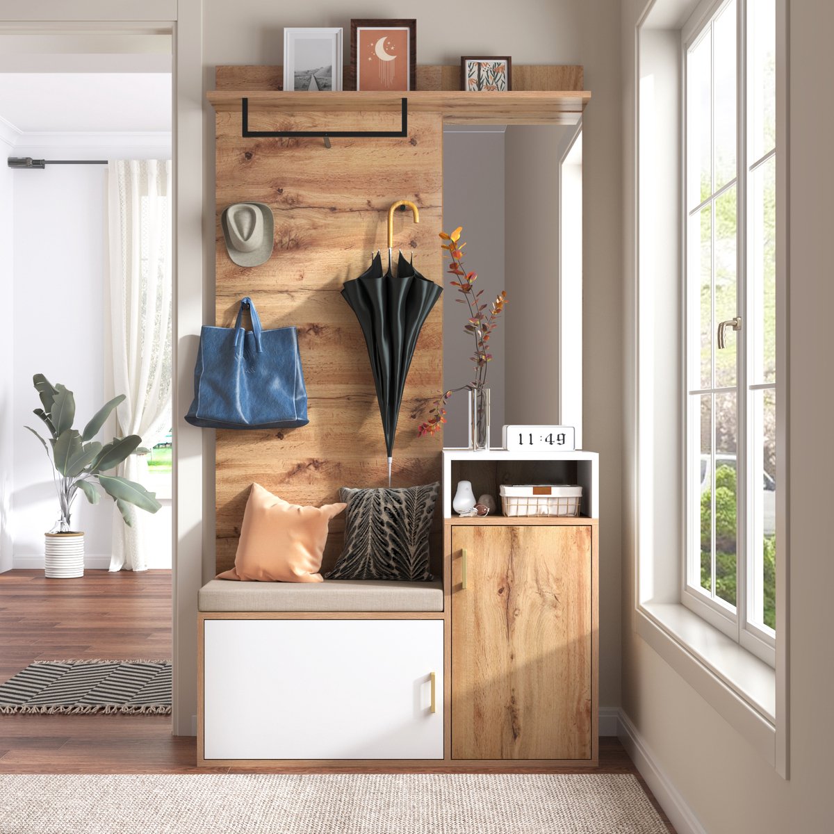 Wishdor - Halmeubelset - Schoenenopberging En Spiegel - Modern - Voor De Hal - MDF En Spaanplaat - Wit En Houtkleur - 105 x 40 x 190,5 cm