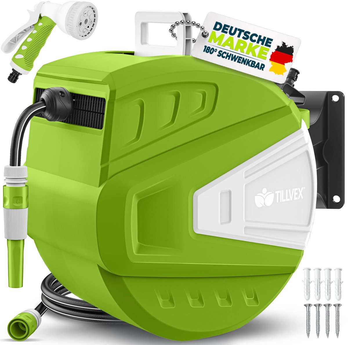 tillvex® Slanghaspel Water Groen 35m met Wandbevestiging & Transportgreep | Slangoproller met Handdouche en Tuinslang | 180° Zwenkbaar | Wand-Slangbox met Oprol-Automatiek