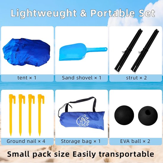 Strandtent Pop-up - Zonnetent Strand - Bescherming Tegen Zon - UPF 50+ Lycra - 200x160x160cm - Blauwe Schelp — afbeelding 5