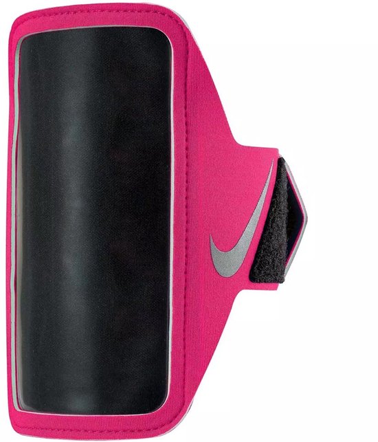Brassard de sport Nike rose avec bordure réfléchissante et logo Nike.
