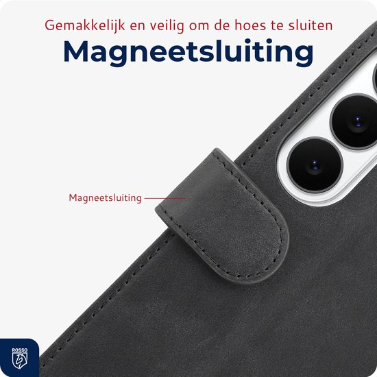 Gedetailleerde close-up van de magneetsluiting van een zwart lederen telefoonhoesje.