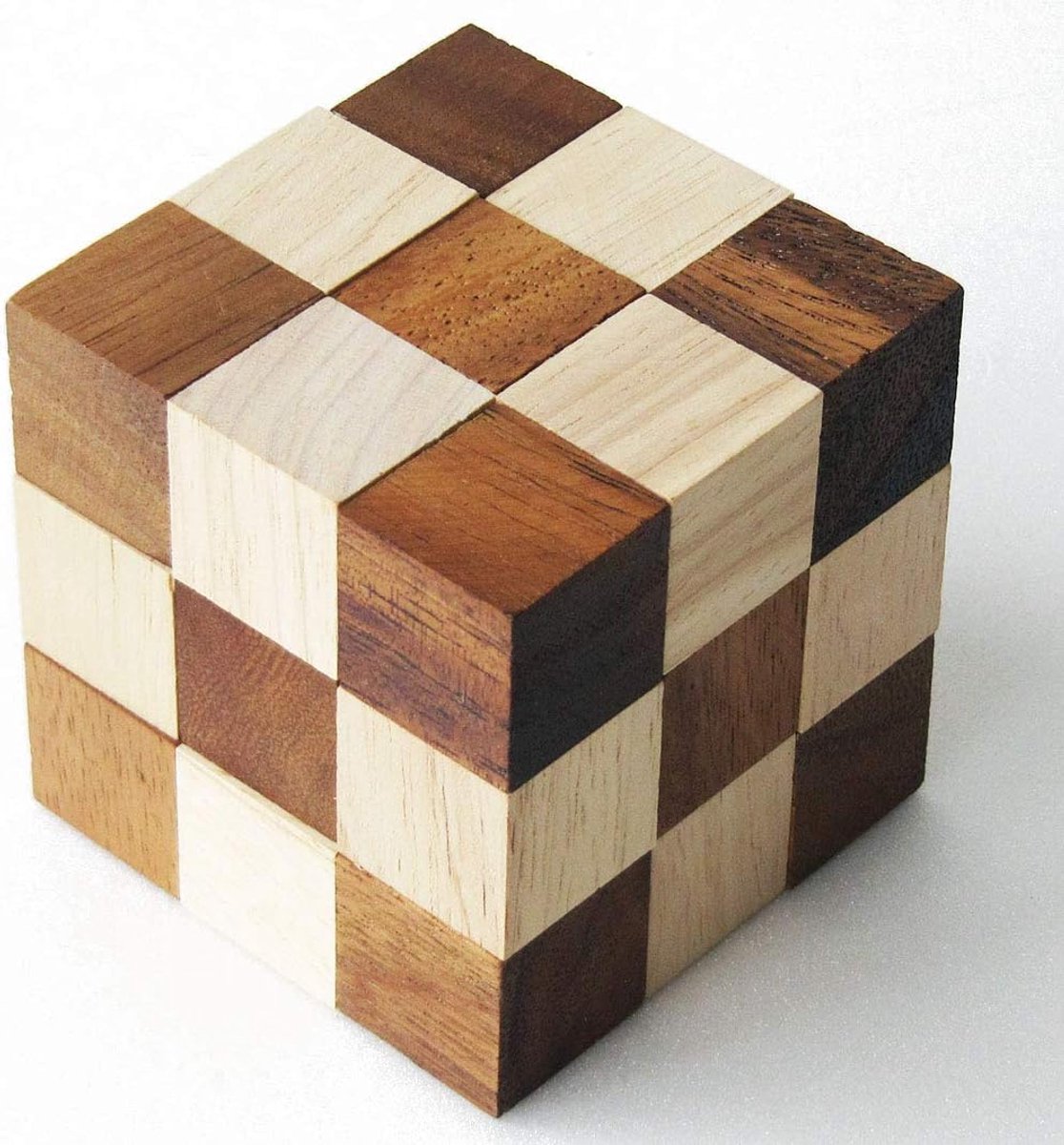 Houten Puzzelkubus - Breinbreker Spel - Strategisch Denken - Verandert in Slang - 65x65x65 mm - Bruin