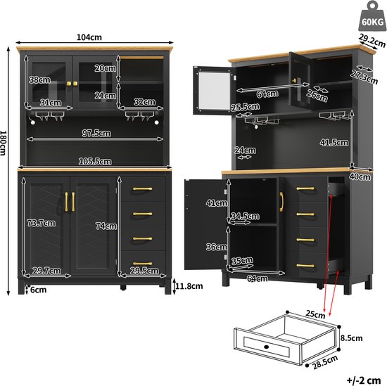 MODENUIT Buffetkast - 4 Deuren Met LED En Opbergruimte - Voor Keuken En Woonkamer - MDF - Zwart - 105,5x40x180 cm