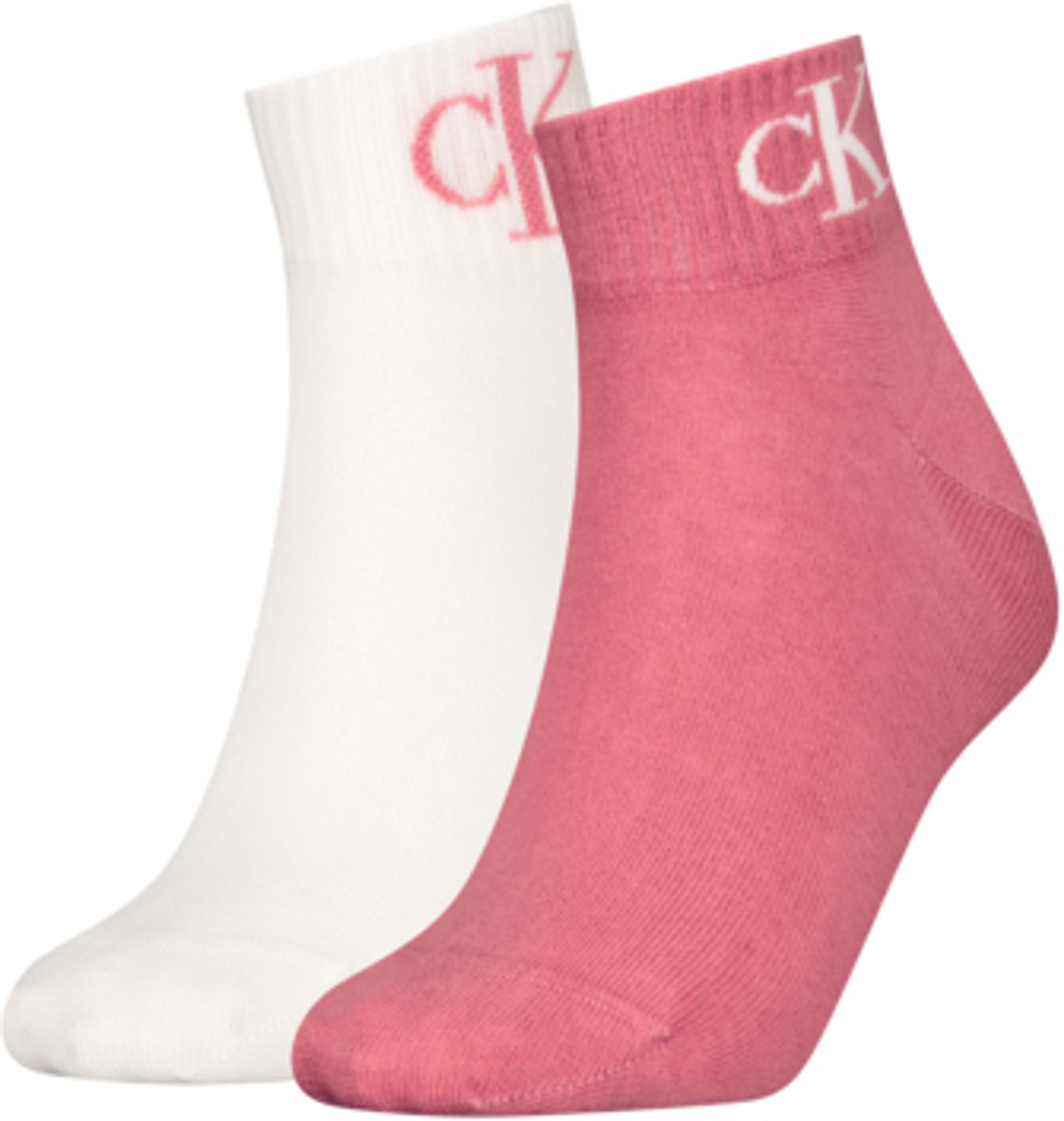 Calvin Klein Jeans Dames Quartersokken 2-Pack Monogram Rose Wit