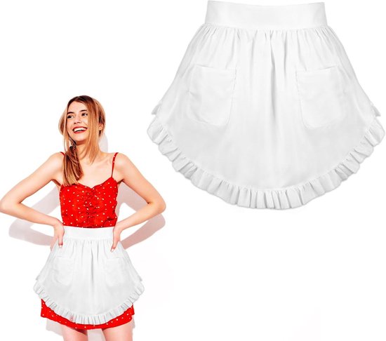 Tailleschort voor Dames in Vintage Stijl met Zakken - Wit - Ruche Halfschort voor Keuken, Koken, Bakken - Serveersterskostuum - Retro Design - Restaurant, Café, Bistro - Cosplay - Keukenreiniging - Huishoudelijk Gebruik.
