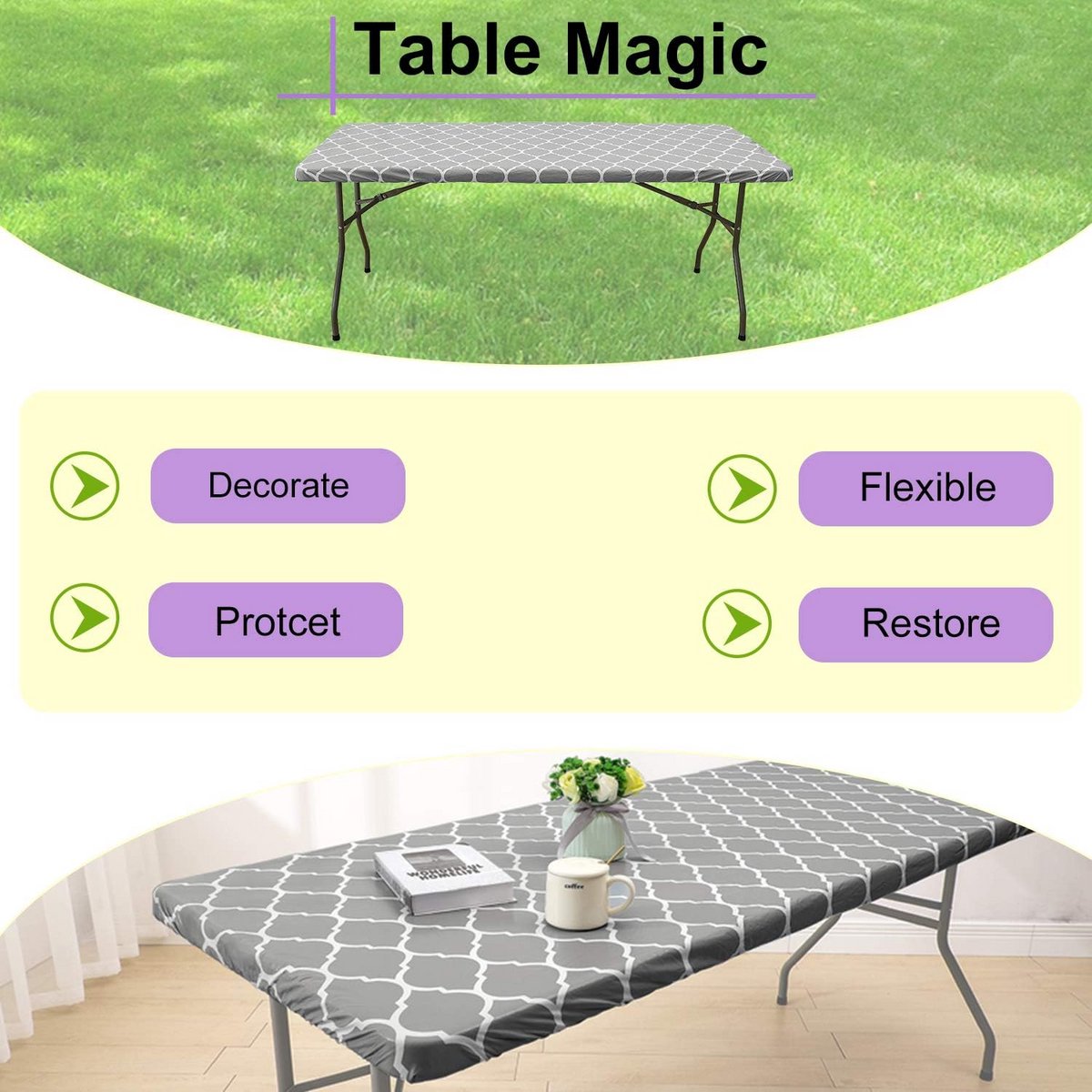 Waterdicht Elastisch Tafelkleed Rechthoekig 30x72 Inch Grijs Marokkaans Design