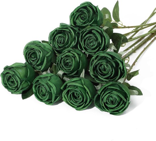 10x Realistische Kunstrozen Donker Groen voor Bruiloftsboeket en Decoratie