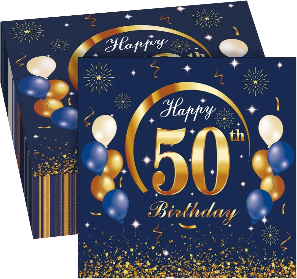 40 luxe servetten 50e verjaardag blauw met gouden Happy Birthday print