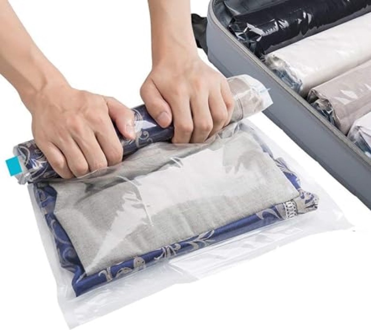 Set van 7 ruimtebesparende reiscompressiezakken voor kleding - handmatig oprolbaar