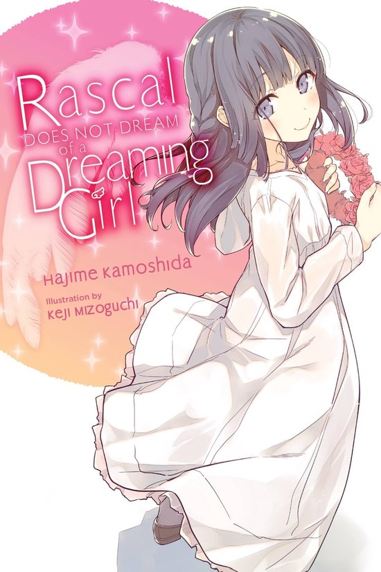Een anime-meisje met paars haar en een witte jurk die een krans vasthoudt. Titel: Rascal Does Not Dream of a Dreaming Girl.