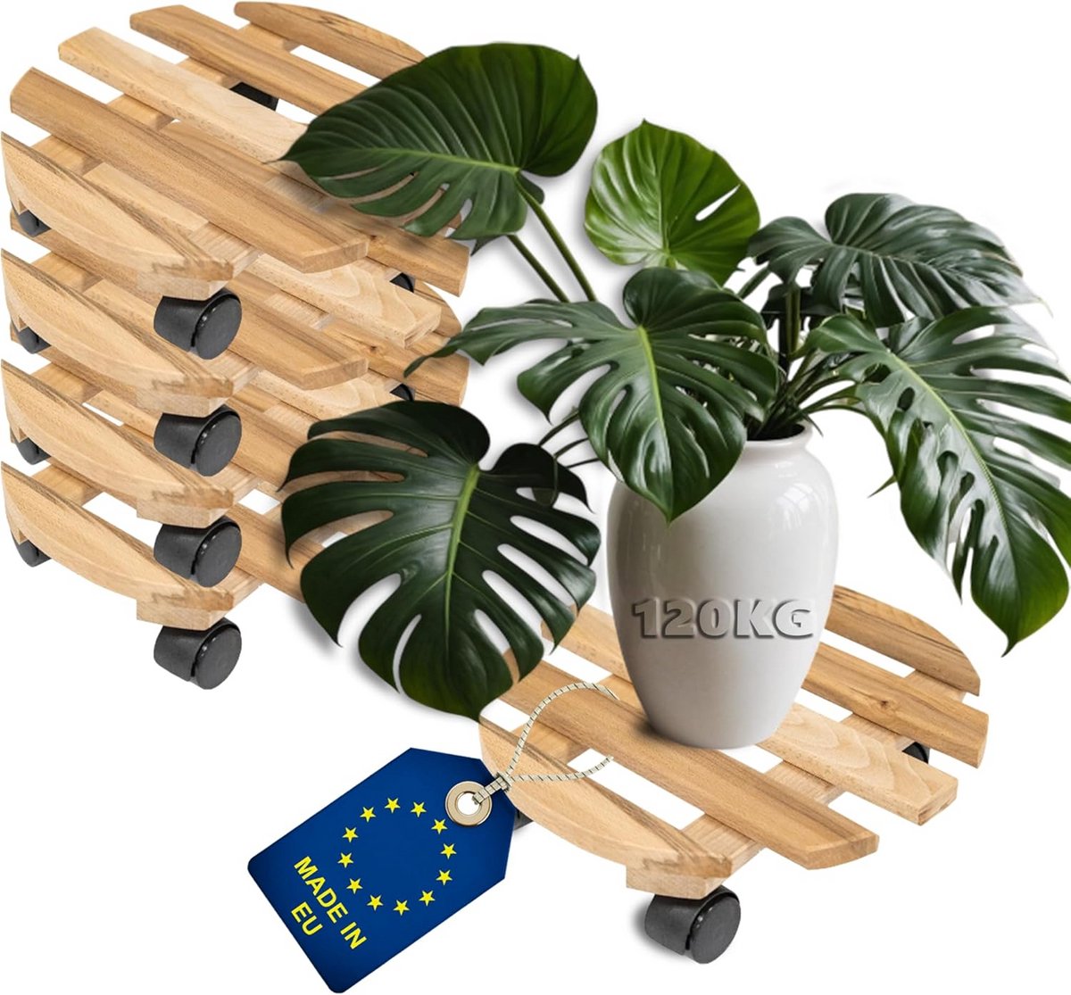 Set van 5 Plantenrollers Rond 30 cm - Stevig Beukenhout - Draagvermogen 120 kg - Verrijdbaar Onderstel voor Plantenbakken en Meubels
