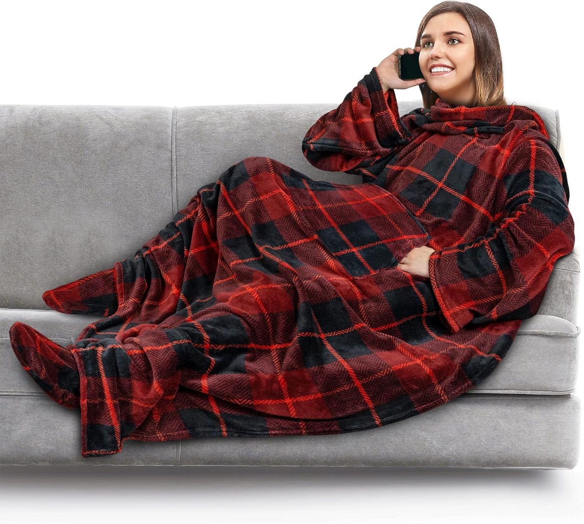 Fleece deken met mouwen en voetzakken voor volwassenen - Draagbare pluche knuffeldeken, gewaad en gezellige cadeau-ideeën
