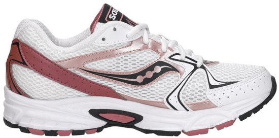 Witte Saucony sneaker met roze en zwarte accenten, vetersluiting en mesh.