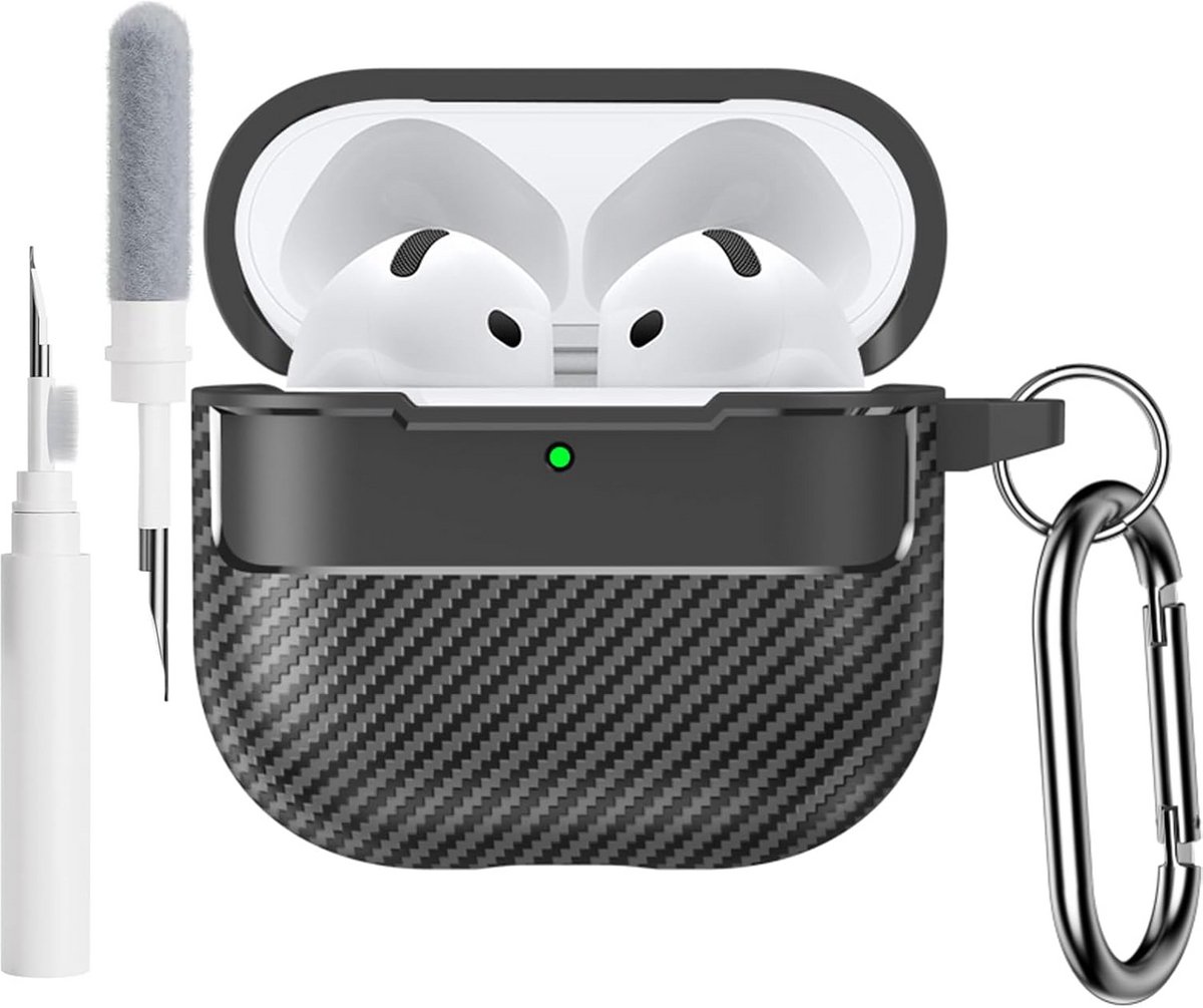 Shockproof Carbon Fiber AirPods 4 Case with Keychain and Cleaning Pen - Black