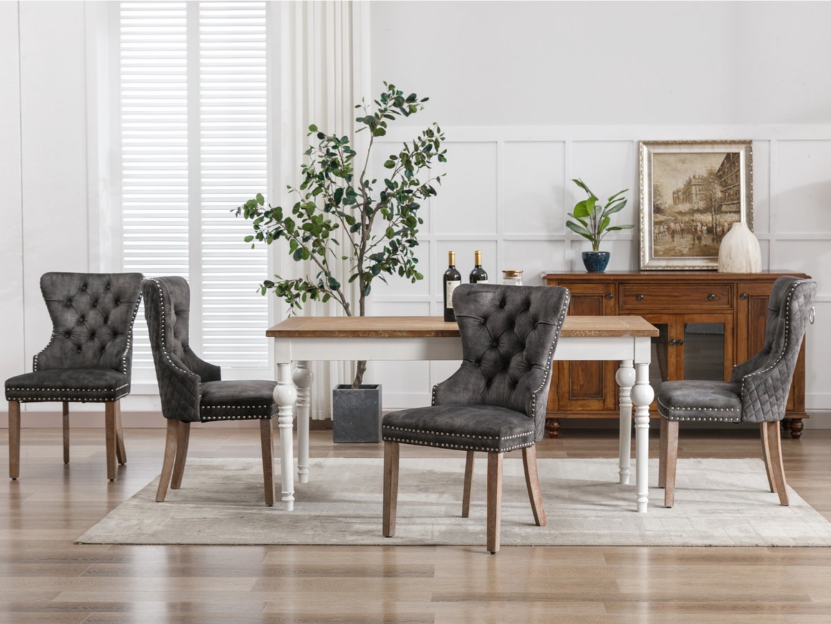 HAUSS SPOLE Eetkamerstoel Set Van 4 - Fluwelen Bekleding Met Siernagels En Treklus - Verstelbare Poten Voor Eetkamer - Rubberwood - Grijs