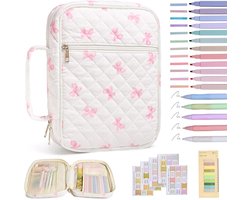 KZQ Boekorganizer tas - Bijbelhoes - Bijbel draagtas - 30x23x8 cm - 12 gekleurde markeerstiften, geschikt voor meisjes, benodigdheden voor Bijbelstudie - roze strik