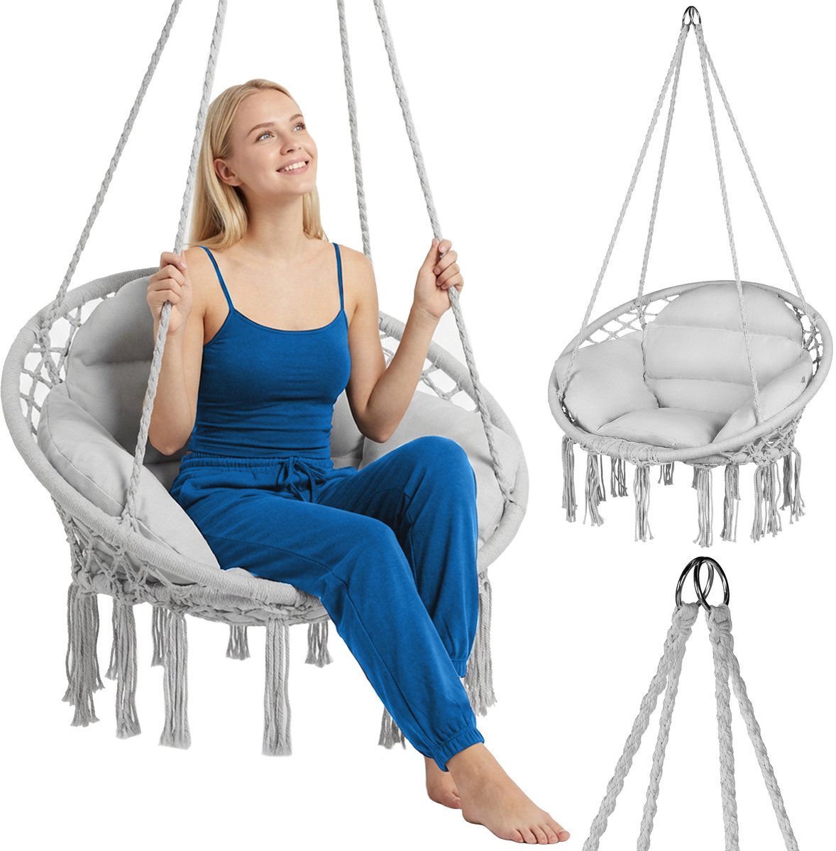 Luverno® Hangstoel met Kussens - 62cm Diameter - tot 150 kg - 100% Katoen - Zitzak, Schommel - voor Buiten, Tuin, Balkon, Huis