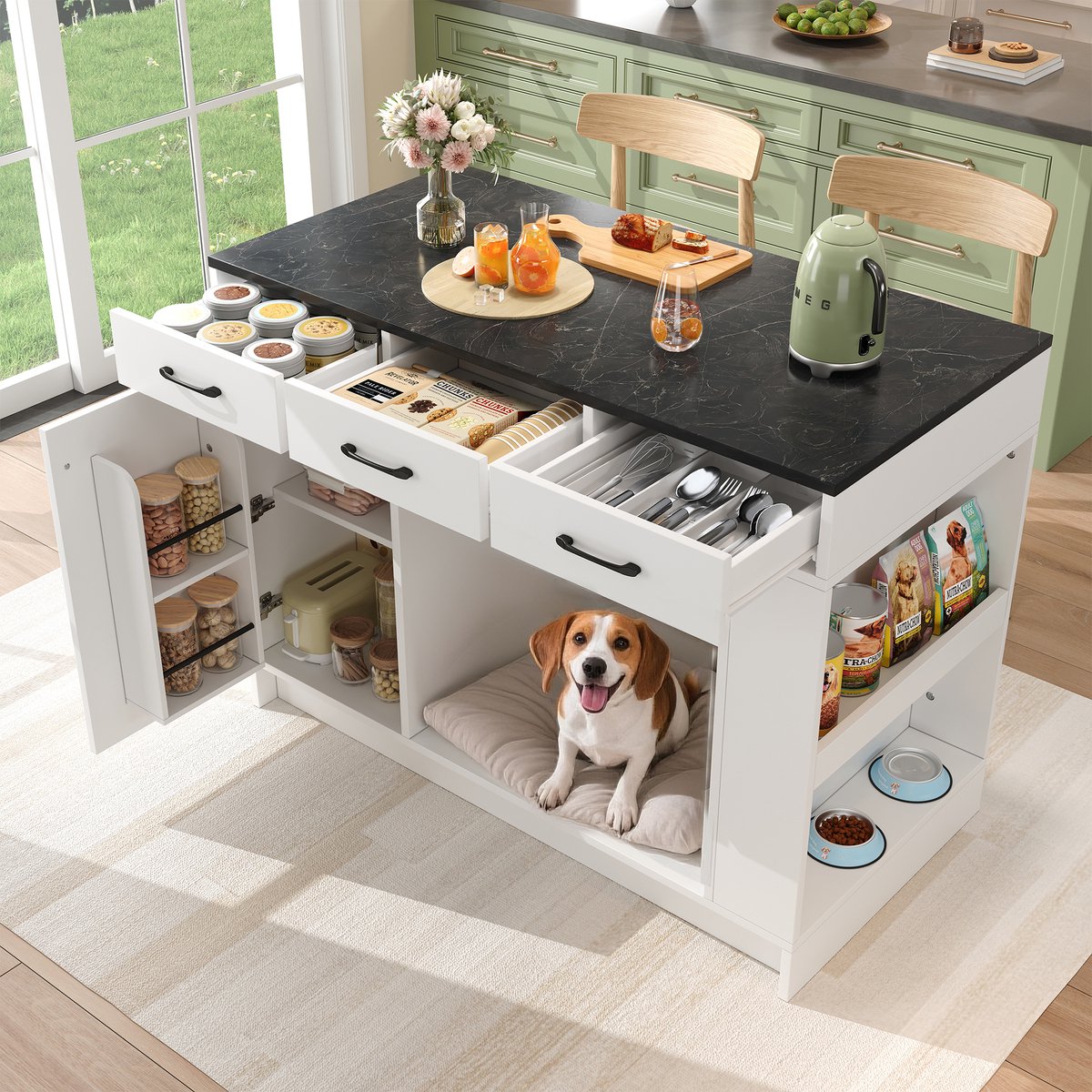 Keukeninsel - 120x60x90 cm - Met 3 Laden, Kruidenrek En Dubbel Opbergvlak - MDF - Wit