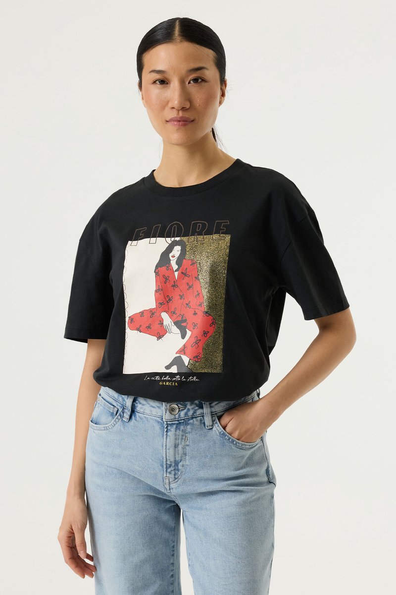 GARCIA Dames Print T-shirt Grijs Korte mouw