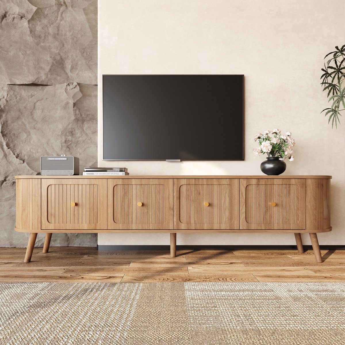 PHOEBE CAT Tv-kast - Metalen handgrepen - Houten poten - 180 x 38 x 47 cm - Eik afwerking