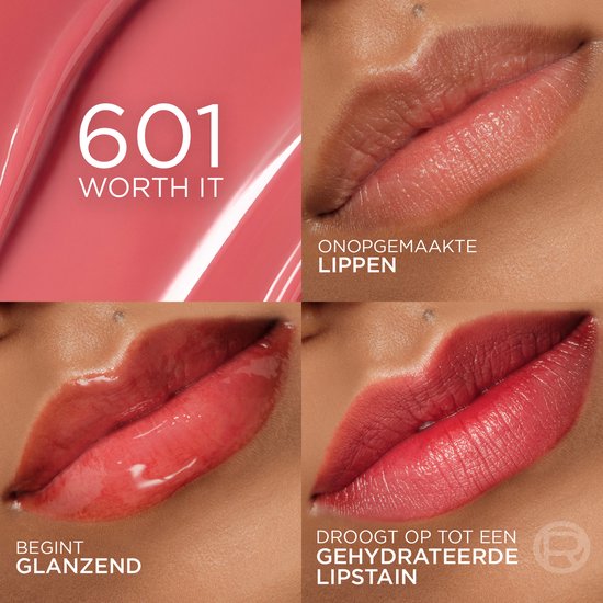 L'Oréal Paris Hyaluron Tint Lipstain 601 Worth It: lippen voor en na applicatie, glanzend en als lippenstift.