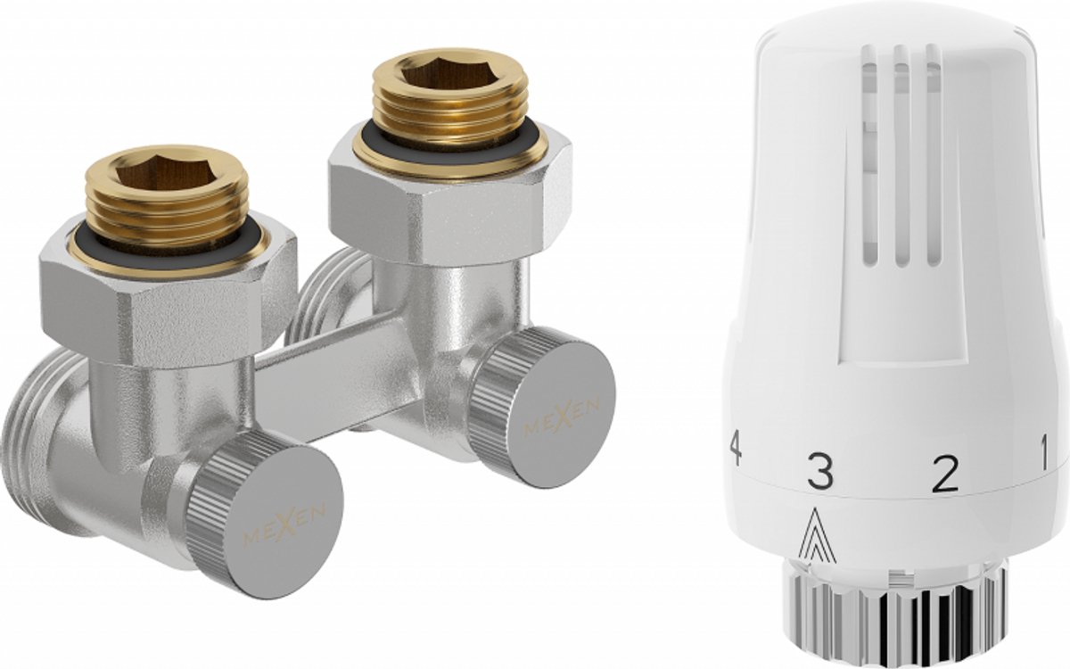 Mexen G01 thermostatische set met dubbele buis DN50, hoekmodel 1/2"x3/4", nikkel - W911-012-918-01